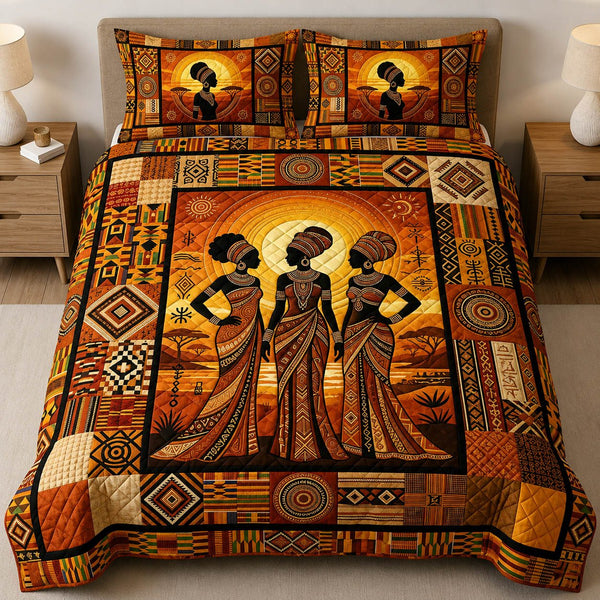 African Heritage quilted 3-piece bedding set on a made bed in a farmhouse bedroom