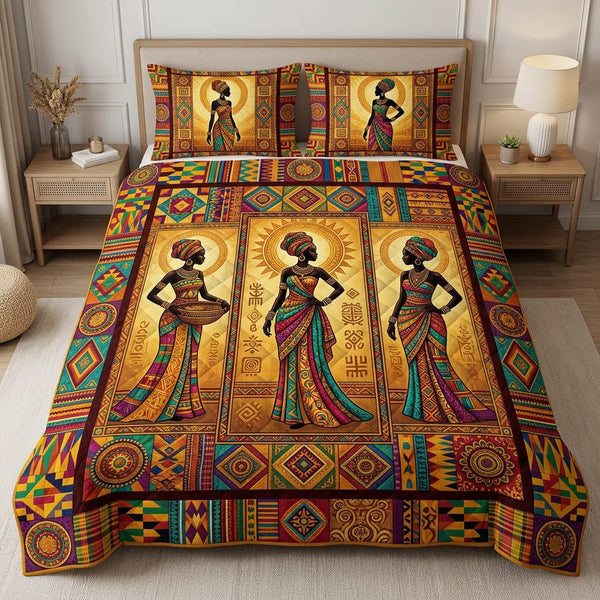 African Heritage quilted 3-piece bedding set on a made bed in a farmhouse bedroom