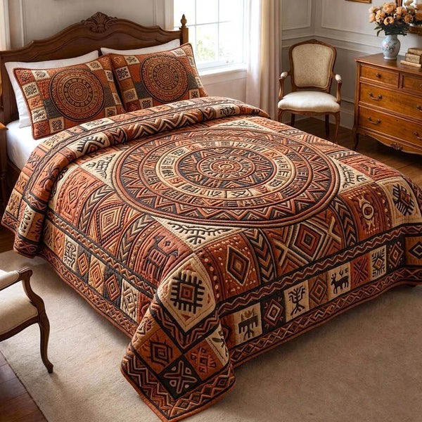 African Heritage quilted 3-piece bedding set on a made bed in a farmhouse bedroom