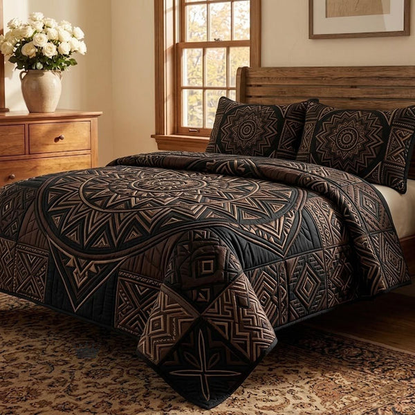 African Heritage quilted 3-piece bedding set on a made bed in a farmhouse bedroom