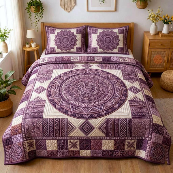 African Heritage quilted 3-piece bedding set on a made bed in a farmhouse bedroom