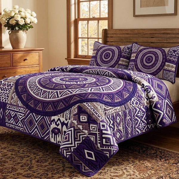 African Heritage quilted 3-piece bedding set on a made bed in a farmhouse bedroom