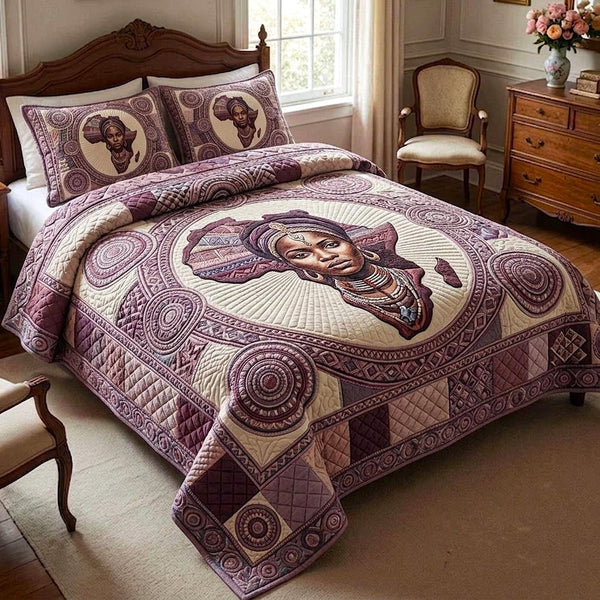 African Heritage quilted 3-piece bedding set on a made bed in a farmhouse bedroom