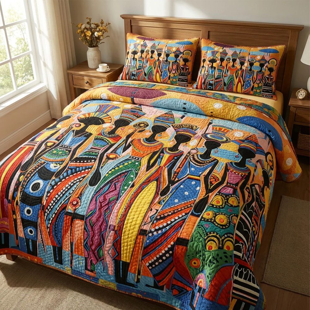 African Heritage quilted 3-piece bedding set on a made bed in a farmhouse bedroom