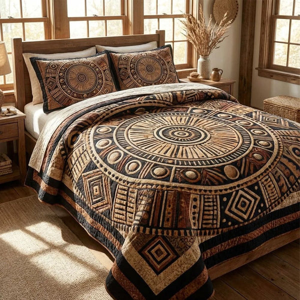African Heritage quilted 3-piece bedding set on a made bed in a farmhouse bedroom