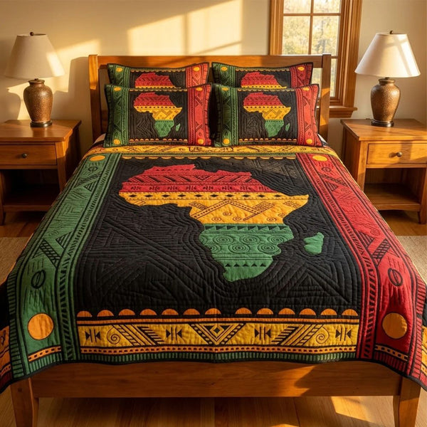 African Heritage quilted 3-piece bedding set on a made bed in a farmhouse bedroom