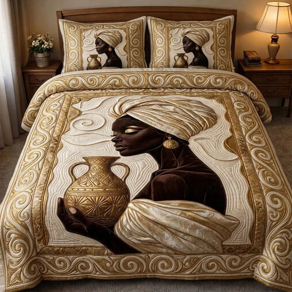 African Heritage quilted 3-piece bedding set on a made bed in a farmhouse bedroom