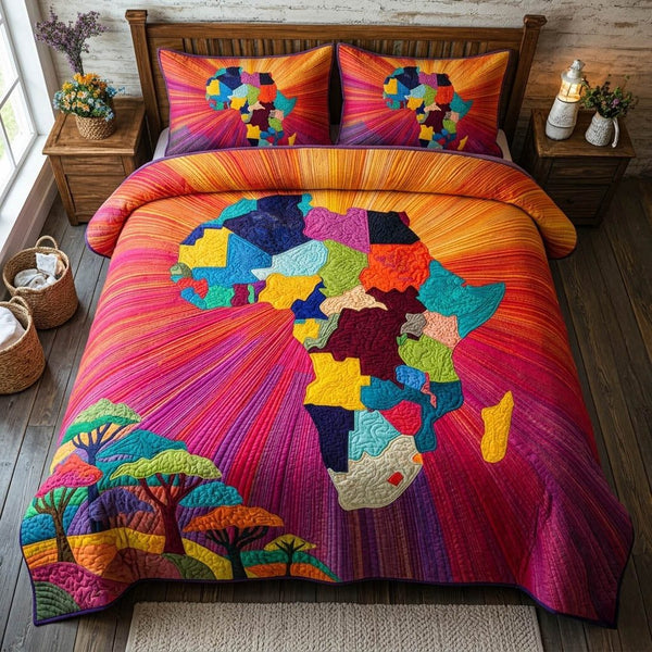 African Heritage quilted 3-piece bedding set on a made bed in a farmhouse bedroom