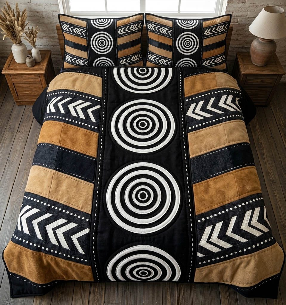 African Heritage quilted 3-piece bedding set on a made bed in a farmhouse bedroom