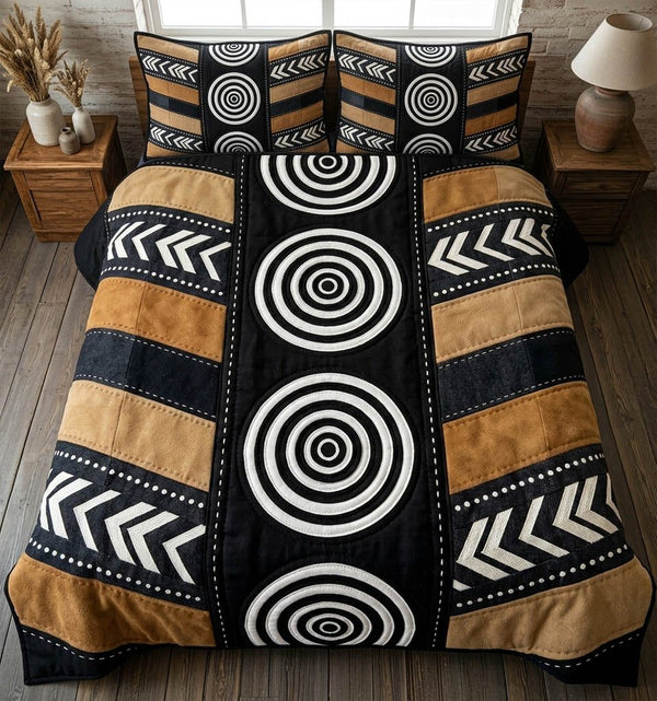 African Heritage quilted 3-piece bedding set on a made bed in a farmhouse bedroom