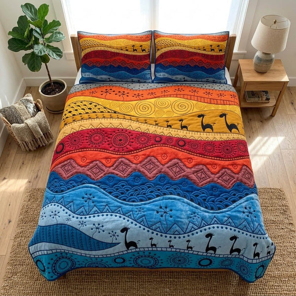 African Heritage quilted 3-piece bedding set on a made bed in a farmhouse bedroom