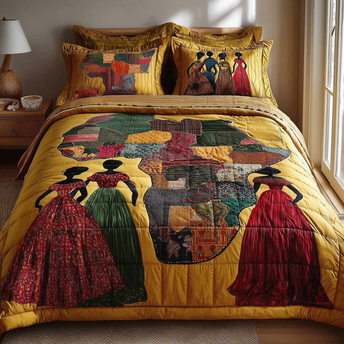 African Heritage quilted 3-piece bedding set on a made bed in a farmhouse bedroom