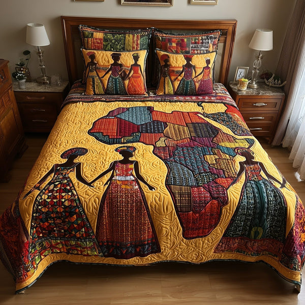 African Heritage quilted 3-piece bedding set on a made bed in a farmhouse bedroom