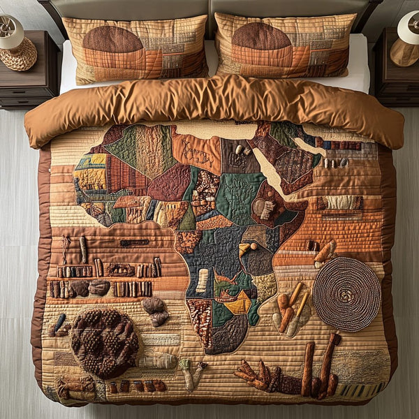 African Heritage quilted 3-piece bedding set on a made bed in a farmhouse bedroom