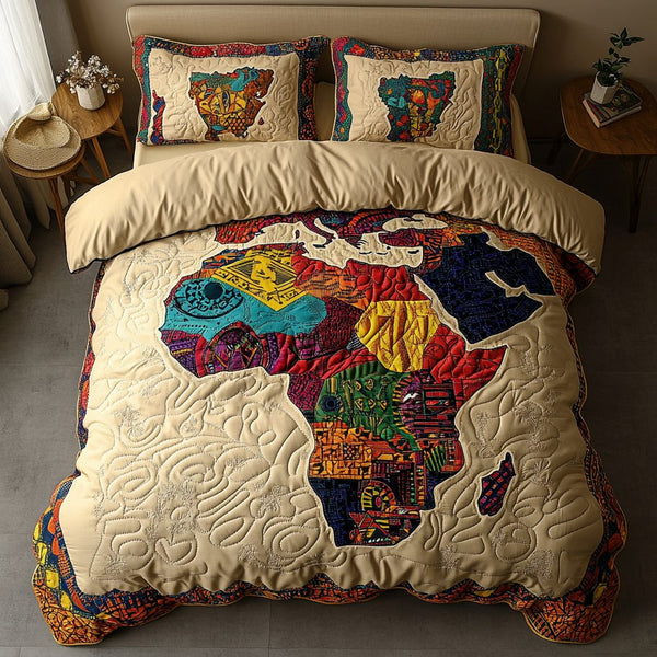 African Horizon quilted 3-piece bedding set on a made bed with two matching pillow shams