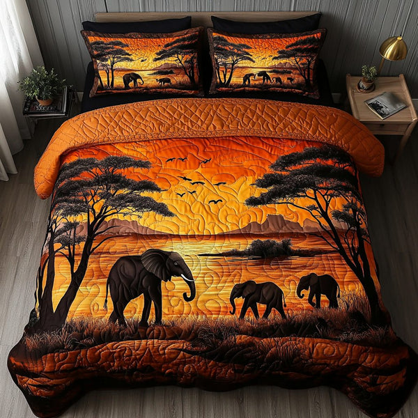 African Horizon quilted 3-piece bedding set on a made bed with two matching pillow shams