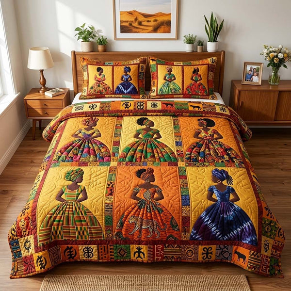 African Queen Heritage quilted 3-piece bedding set on a made bed in a farmhouse bedroom