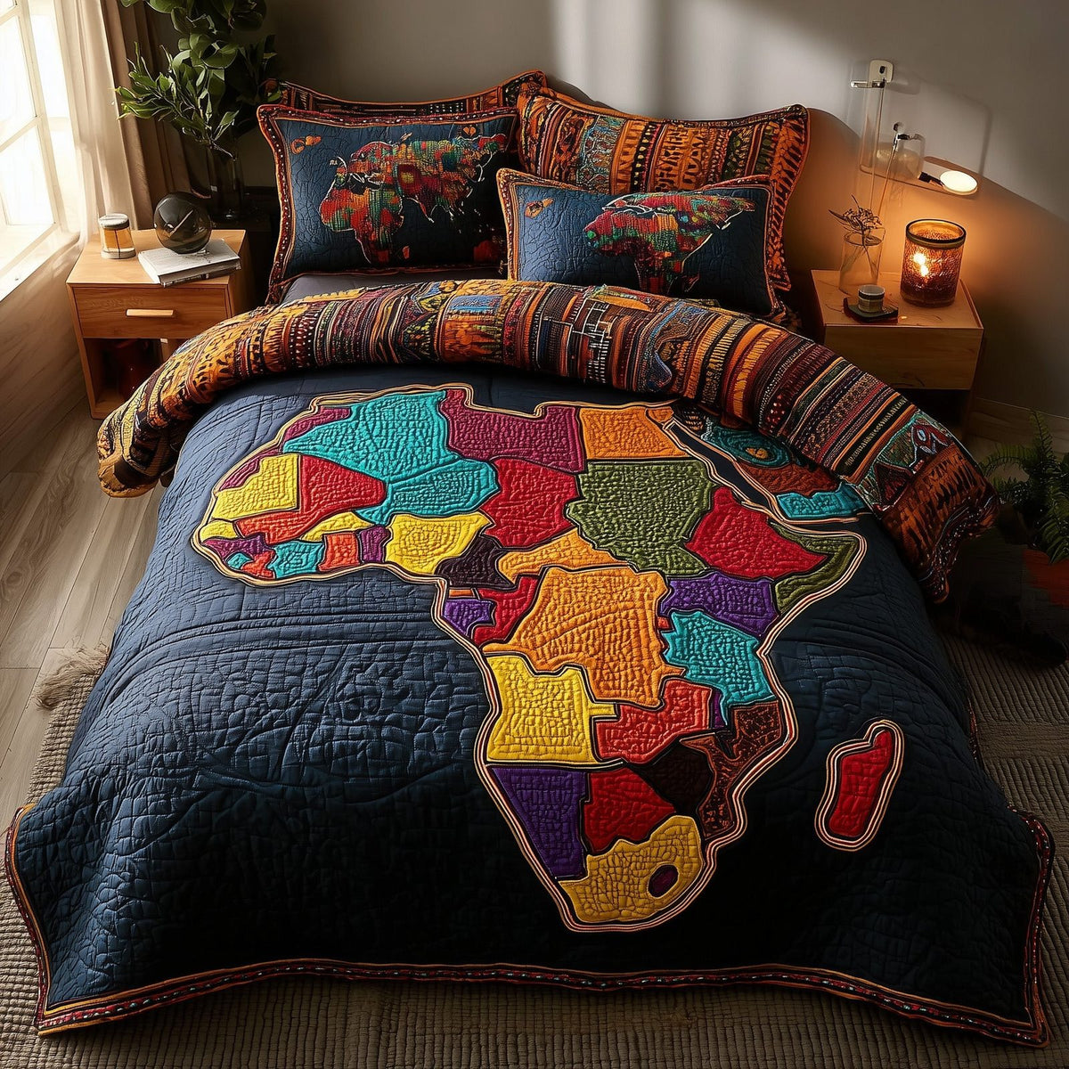 African Roots quilted 3-piece bedding set on a made bed with two matching pillow shams
