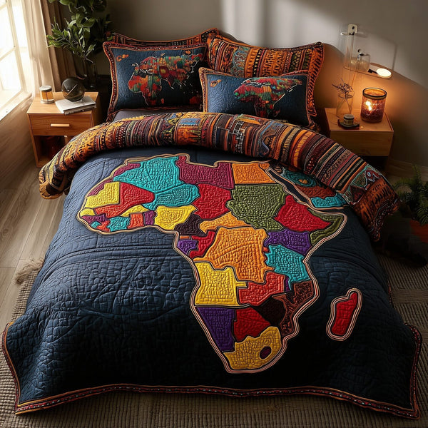 African Roots quilted 3-piece bedding set on a made bed with two matching pillow shams