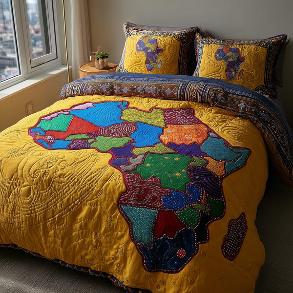 African Roots quilted 3-piece bedding set on a made bed with two matching pillow shams
