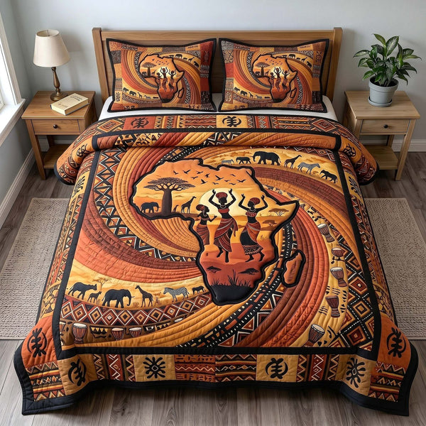 African Roots quilted 3-piece bedding set on a made bed with two matching pillow shams