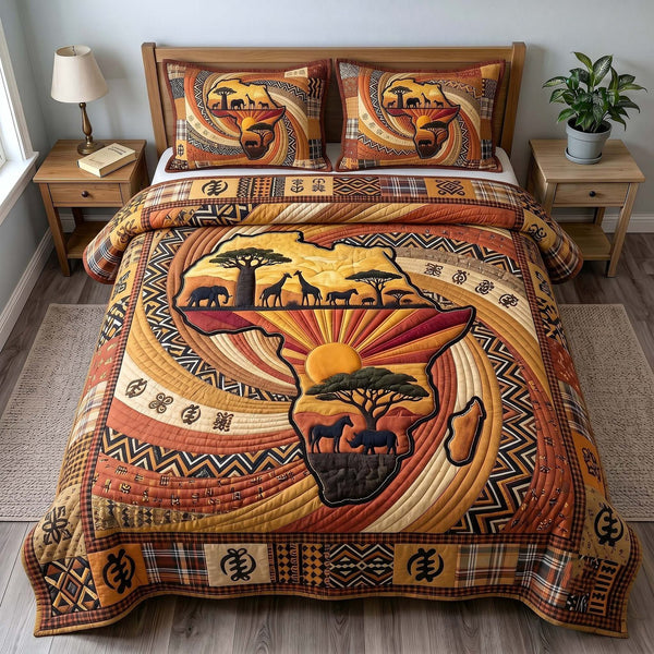 African Roots quilted 3-piece bedding set on a made bed with two matching pillow shams