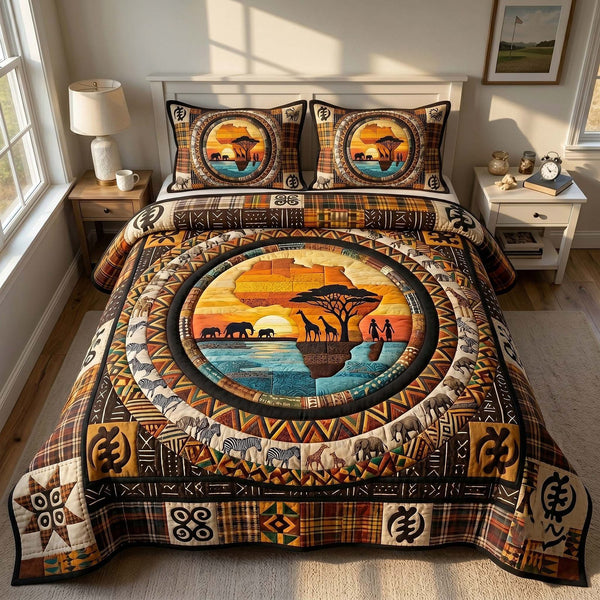 African Roots quilted 3-piece bedding set on a made bed with two matching pillow shams
