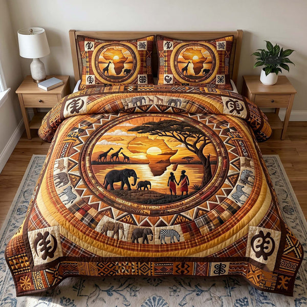 African Roots quilted 3-piece bedding set on a made bed with two matching pillow shams