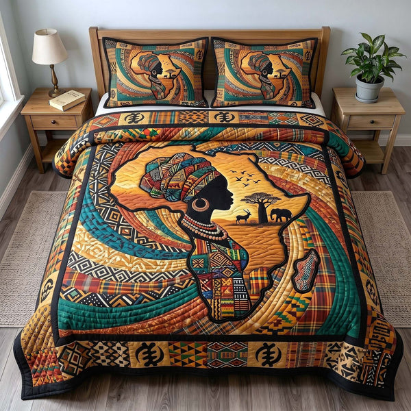 African Roots quilted 3-piece bedding set on a made bed with two matching pillow shams