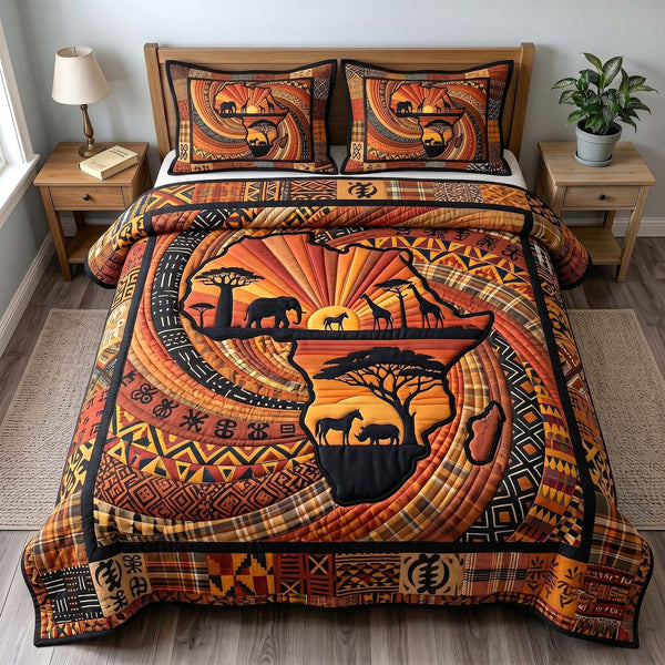 African Roots quilted 3-piece bedding set on a made bed with two matching pillow shams
