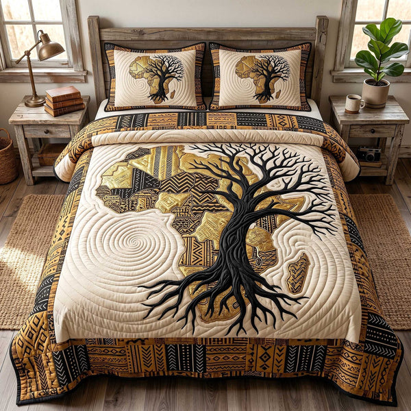 African Roots quilted 3-piece bedding set on a made bed with two matching pillow shams