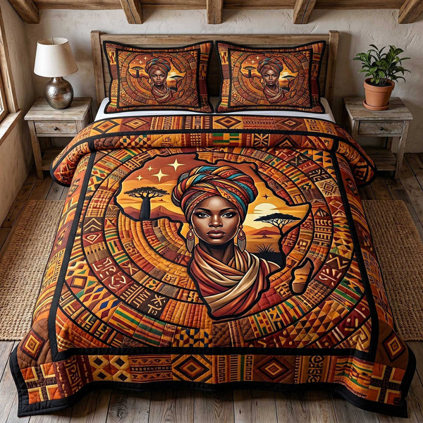 African Roots quilted 3-piece bedding set on a made bed with two matching pillow shams