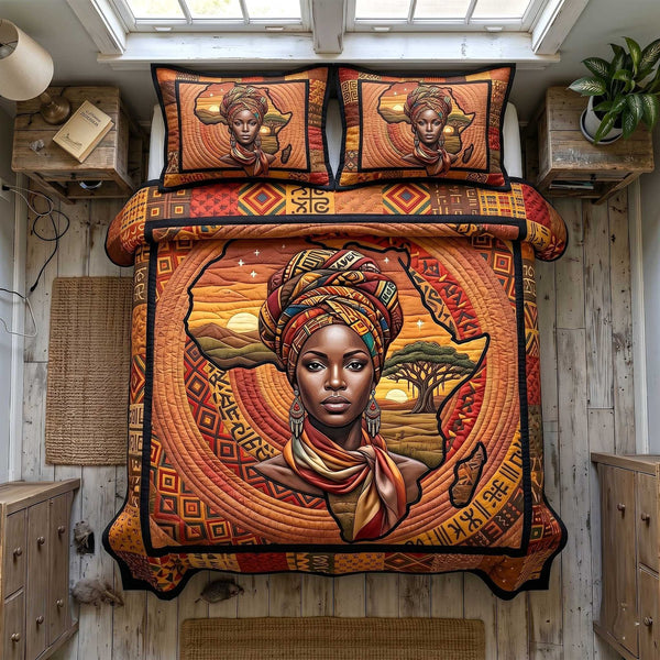 African Roots quilted 3-piece bedding set on a made bed with two matching pillow shams