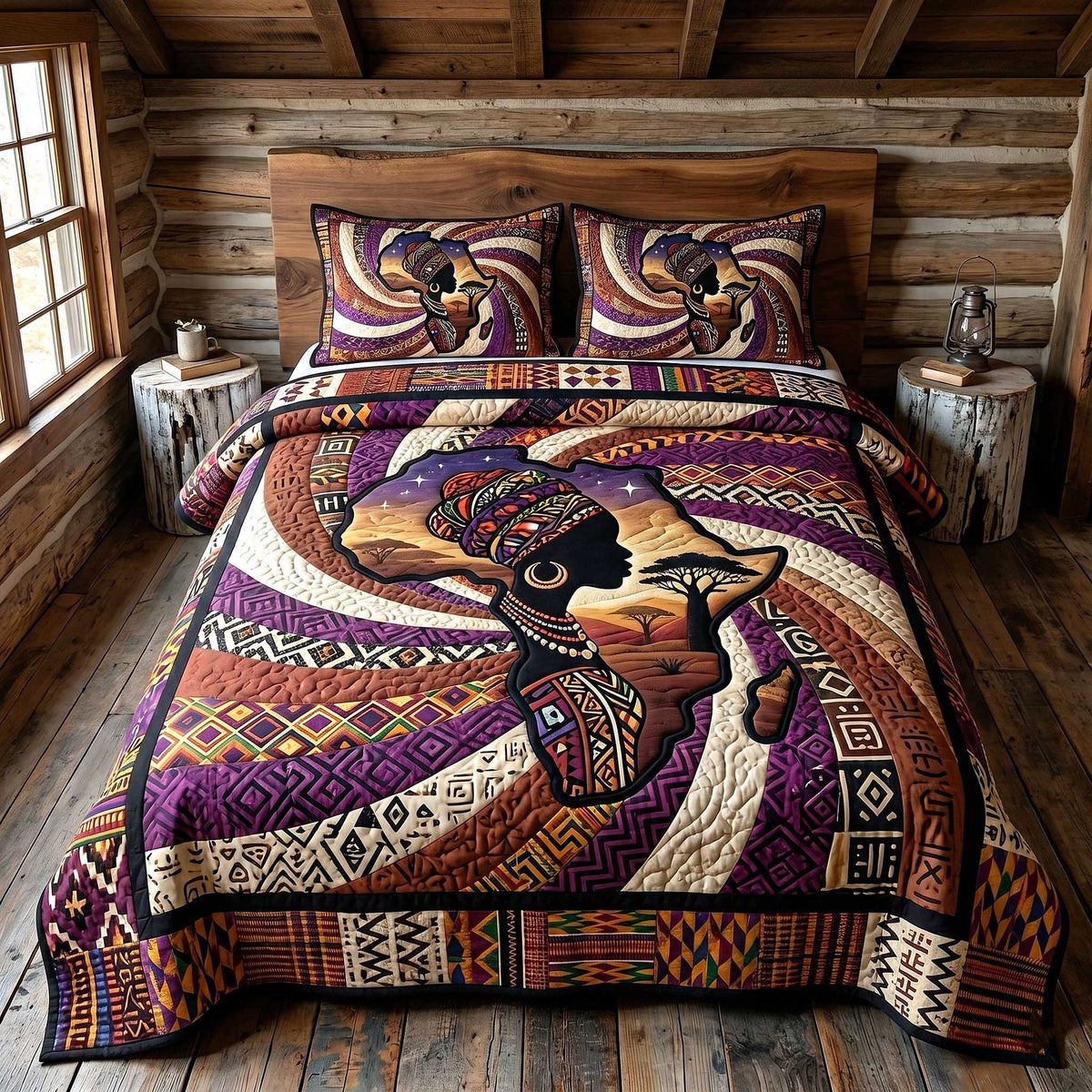 African Roots quilted 3-piece bedding set on a made bed with two matching pillow shams