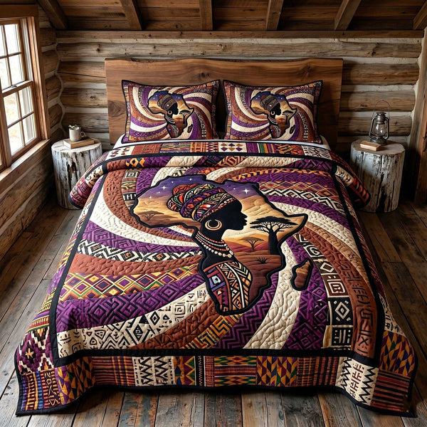 African Roots quilted 3-piece bedding set on a made bed with two matching pillow shams