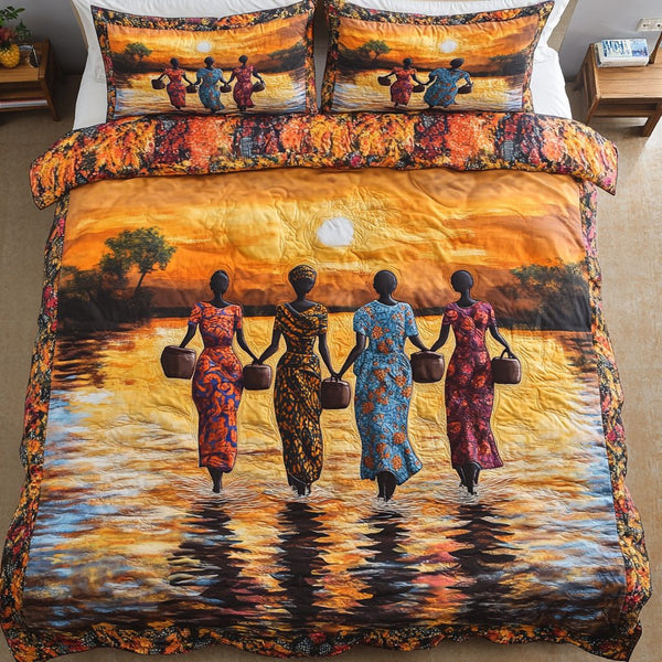 African Spirit quilted 3-piece bedding set on a made bed with two matching pillow shams