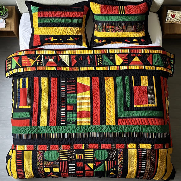 African Vibes quilted 3-piece bedding set on a made bed with two matching pillow shams