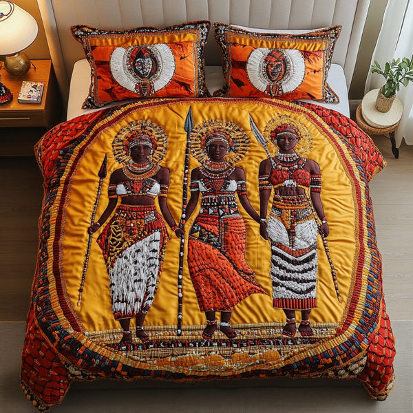 African Wonders quilted 3-piece bedding set on a made bed with two matching pillow shams
