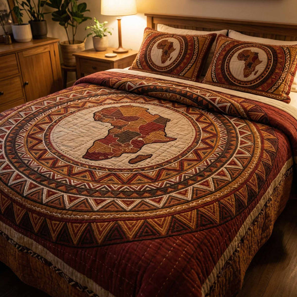 Afro Circle quilted 3-piece bedding set on a made bed with two matching pillow shams