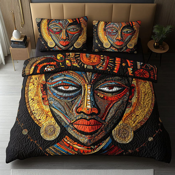 Afro Essence quilted 3-piece bedding set on a made bed with two matching pillow shams