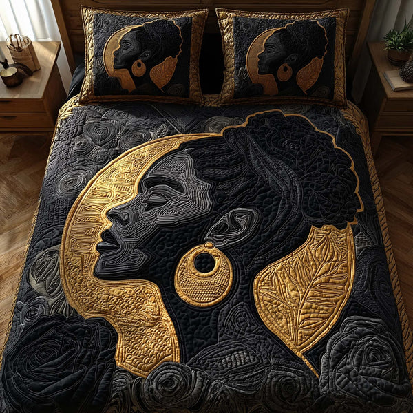 Afro Soul quilted 3-piece bedding set on a made bed with two matching pillow shams