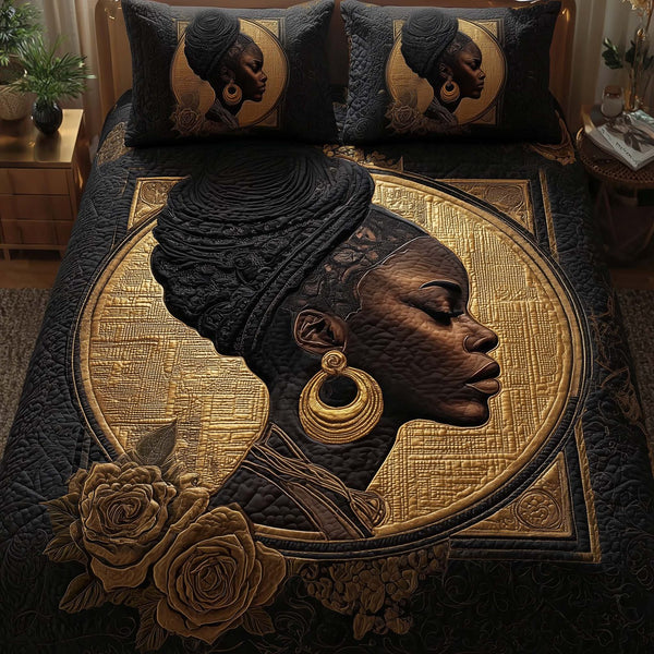 Afro Soul quilted 3-piece bedding set on a made bed with two matching pillow shams