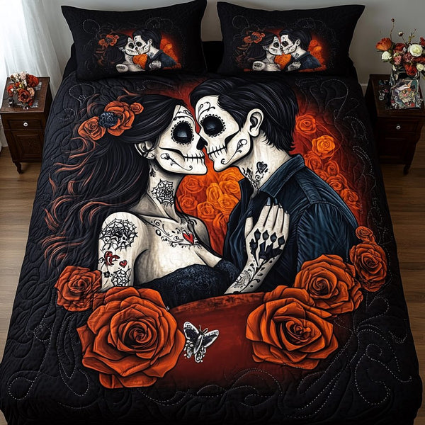 Afterlife Romance quilted 3-piece bedding set on a made bed with two matching pillow shams