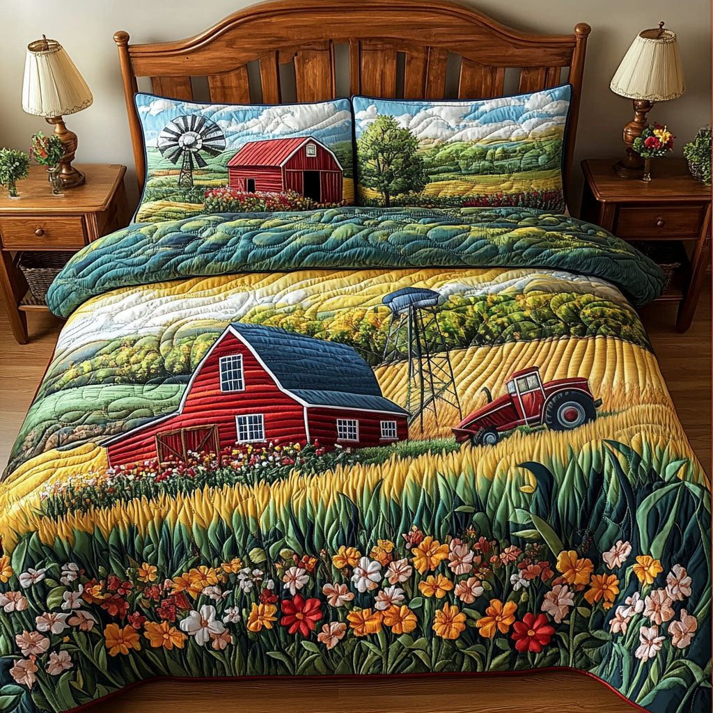 Agricultural Bliss quilted 3-piece bedding set on a made bed with two matching pillow shams
