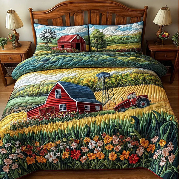 Agricultural Bliss quilted 3-piece bedding set on a made bed with two matching pillow shams