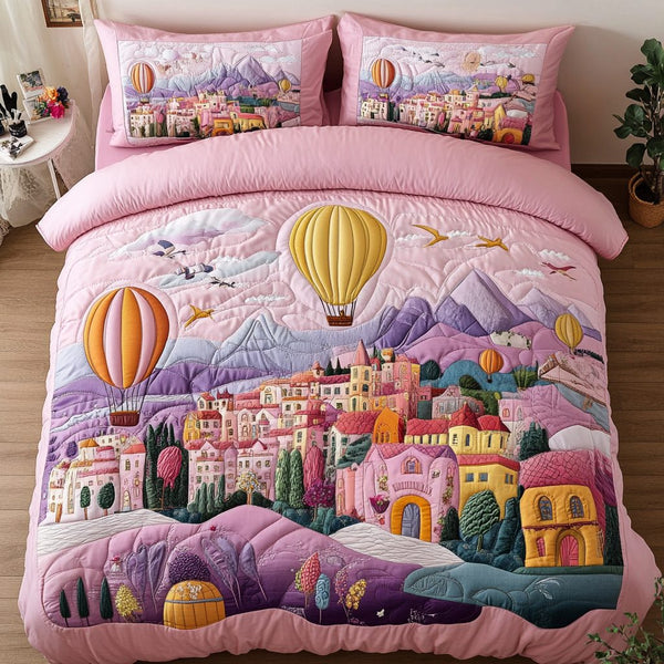 Air Escape quilted 3-piece bedding set on a made bed with two matching pillow shams