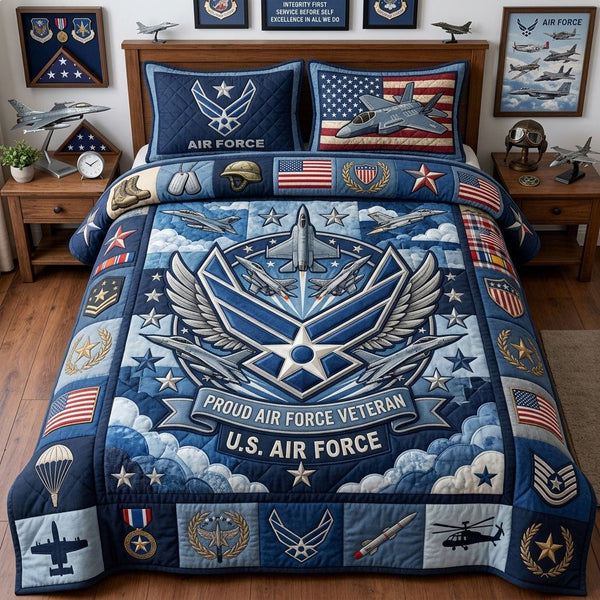 Air Force Veteran quilted 3-piece bedding set on a made bed in a warmly lit bedroom