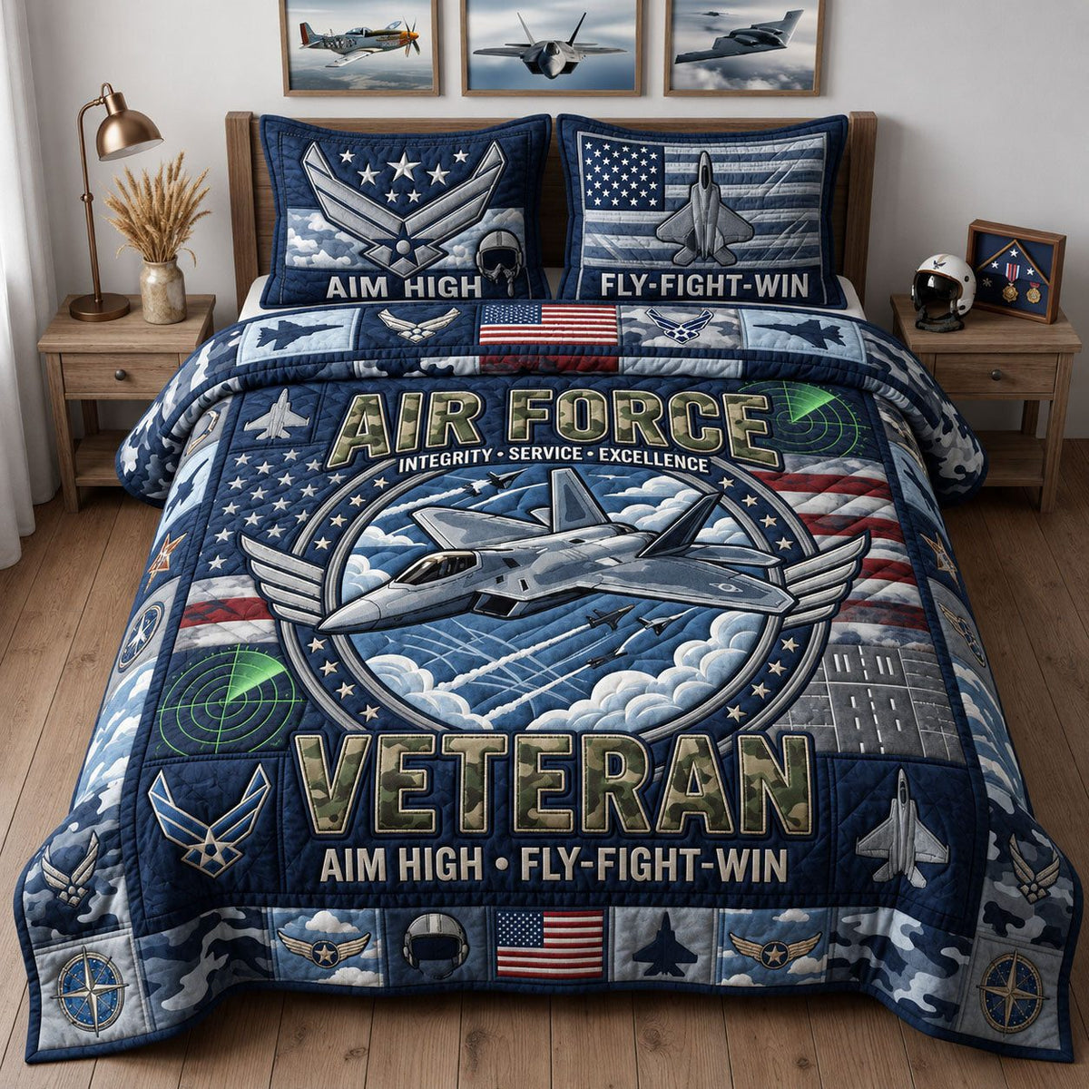 Air Force Veteran quilted 3-piece bedding set on a made bed in a warmly lit bedroom