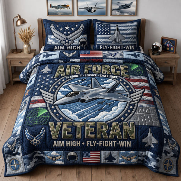 Air Force Veteran quilted 3-piece bedding set on a made bed in a warmly lit bedroom
