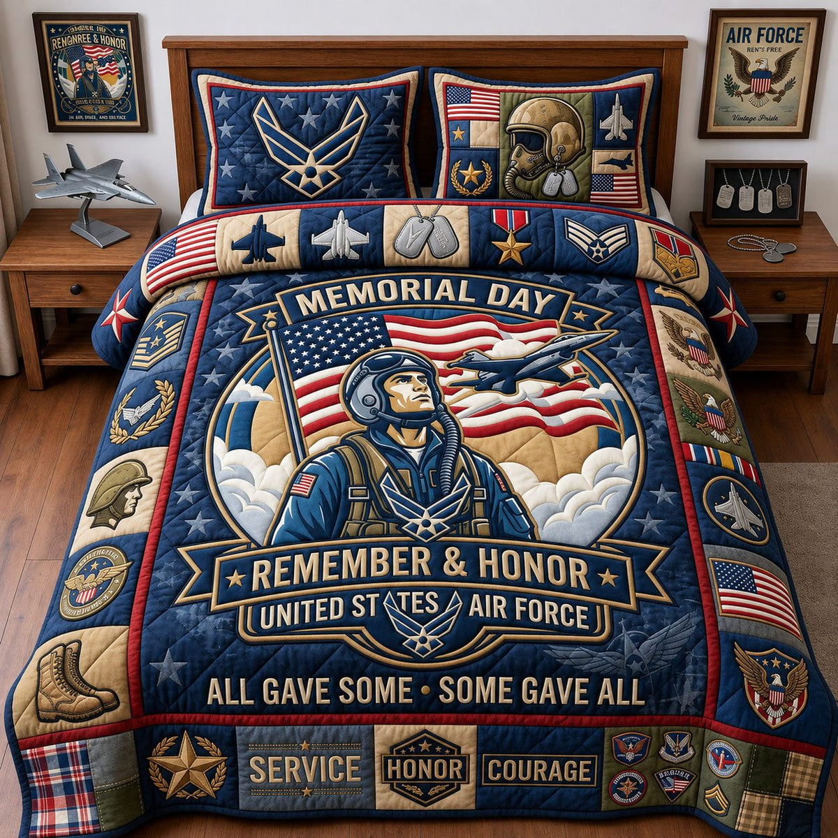 Air Force Veteran quilted 3-piece bedding set on a made bed in a warmly lit bedroom